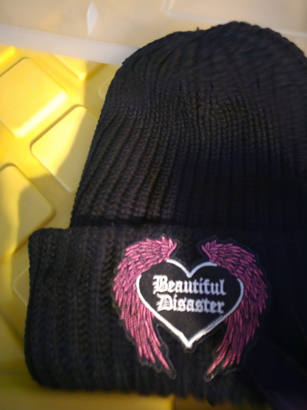 Beautiful Disaster Black Beanie with Pink Wing Heart Patch